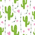 Cute cactus seamless pattern with hearts in green, pink and white colors. Natural vector background Royalty Free Stock Photo