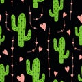 Cute cactus seamless pattern with pink hearts on dark black background Mexican cacti vector Royalty Free Stock Photo