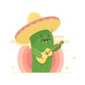 Cute cactus in sombrero, singing serenade and playing guitar. Sun on background.