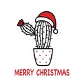 Cute cactus wearing Santa Claus hat cartoon in flat design. Merry Christmas decoration concept vector illustration.