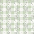 Cute cake stand seamless vector pattern. Hand drawn green gingham afternoon tea pastry background. Traditional british cream tea