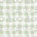 Cute cake stand and teapot seamless vector pattern. Hand drawn green gingham afternoon tea pastry background. Traditional teacup
