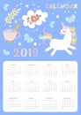 Cute calendar for 2019 year with magical unicorn, butterflies, teacup, flowers and leaves in starry sky. Week starts on sunday.