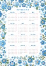 Cute calendar for 2022 year. Week starts on monday. Vector template with floral frame of blue embroidered flowers.