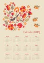 Cute Calendar For 2019 Year. Week Starts On Sunday. Vector Template With Embroidered Bouquet Of Flowers And Flying Birds