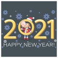 Cute calf. 2021. Bull symbol of New Year. Happy New Year. Little calf dressed as Santa Claus. Vector