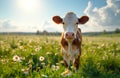 Cute calf on green meadow. A cow is standing in a green field in the springtime Royalty Free Stock Photo