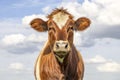 Cute calf head red fur with droopy eyes and brown nose, lovely and innocent on a blue cloudy background