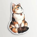 A cute calico cat sticker with a bell on its collar is sitting and looking up at something Royalty Free Stock Photo