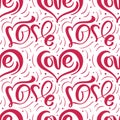 Cute calligraphy hearts seamless vector pattern with flourish swirl. Love Valentine poster background. Hand drawn