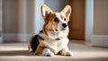 A cute calm corgi dog lies on the floor of a house in a bright interior. Pets make people happy Royalty Free Stock Photo