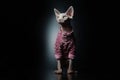 Cute Canadian hairless sphinx cat in fashion pink dress looking up ,cool Black background