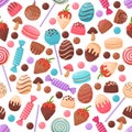 Cute candies seamless pattern. Tasty sweets. Repeated sugar products. Fruit caramel. Assorted confectionery. Strawberry