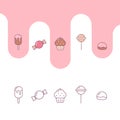 Cute candy icons. Pastry icons set outlined
