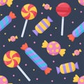 Cute candy and lolipop seamless pattern on a dark background.