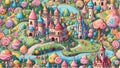 cute candyland in pastel colours, with lolipops castle