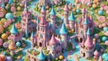 cute candyland in pastel colours, with lolipops castle