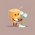 cute cane sugar cube cartoon character gives flowers, cartoon style, modern simple illustration