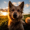 A cute canine looking into the camera with a beautiful sunset in the background