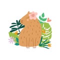 Cute capybara animal into tropical leaves, summer vector element isolated on white.