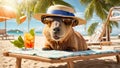 Cute capybara on the beach card animal fictional vacation tropic sea relax design