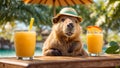 Cute capybara on the beach template little fictional vacation tropic sea relax design