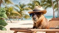 Cute capybara on the beach funny character fictional vacation tropic sea relax design