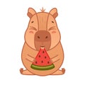 Cute capybara character eats watermelon. Cartoon animal sticker. Vector illustration on white background
