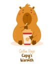 Cute capybara with coffee. Cool card with animal coffee lover character. Vector illustration. Funny rodent capibara for