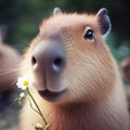 cute capybara with a flower close-up.