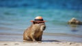cute capybara in orange hat resting on shore of sea or river animals theme Hydrochoerus hydrochaeris generative AI