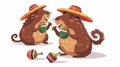 This cute capybara is playing maracas. Funny Mexican capibara animal is holding rhythm rattles, shakers. Flat modern