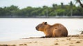 capybara resting on shore of sea or river animals theme Hydrochoerus hydrochaeris generative AI