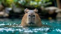 Cute Capybara swims in the pool against the backdrop of the summer garden