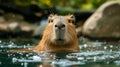 Cute Capybara swims in the pool against the backdrop of the summer garden