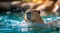 Cute Capybara swims in the pool against the backdrop of the summer garden