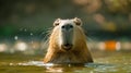 Cute Capybara swims in the pool against the backdrop of the summer garden