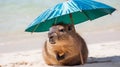 cute capybara under beach sun umbrella resting on shore of sea or river animals theme Hydrochoerus hydrochaeris generative AI Royalty Free Stock Photo