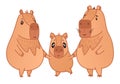 Cute capybaras characters family stand holding hands. Mum, dad and child. Cartoon animal sticker. Vector illustration Royalty Free Stock Photo