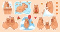 Cute capybaras family cartoon sticker set. Funny capibara characters bathing, swim in water, eats watermelon, sleepping