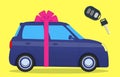 Cute car with a bow. Key with the thumb. Car as a gift. Vector illustration. Royalty Free Stock Photo