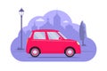Cute car on city silhouette background. Pink car on purple monochrome background. Car concept illustration for app or website. Mod
