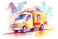 car driving fast in city in watercolor, concept of Vehicle transportation Royalty Free Stock Photo