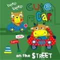 Cute car on the street funny animal cartoon,vector illustration