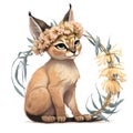 Cute caracal kitten in a floral crown made of spring flowers. Cartoon character for postcard, birthday, nursery decor.