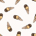 Cute caramel ice cream cartoon seamless vector pattern. Hand drawn melting summer treat. Yummy cold gelato dessert all Royalty Free Stock Photo