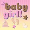 Cute card baby newborn in pink, chocolate colors. 3D vintage font effect with text Baby girl