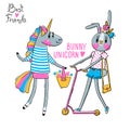 Cute card with best friends. Baby bunny and rainbow unicorn in fashionable clothes. Kawaii animal. Can be used for t Royalty Free Stock Photo