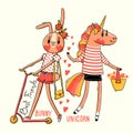 Cute card with best friends. Baby bunny and rainbow unicorn in fashionable clothes. Kawaii animal. Can be used for t Royalty Free Stock Photo