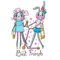 Cute card with best friends. Baby kitten and bunny in fashionable clothes. Can be used for t-shirt print, kids wear